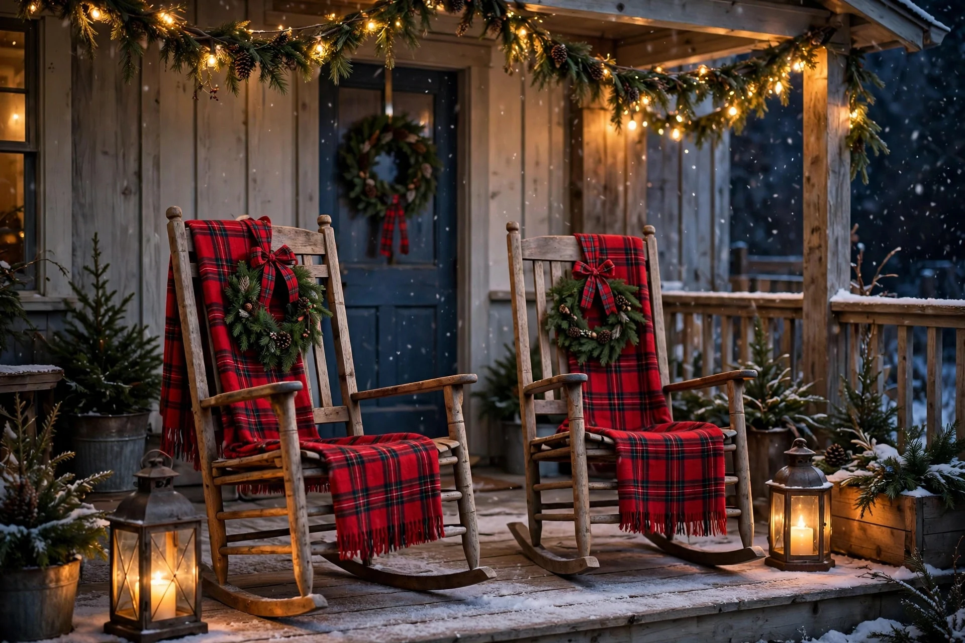 Farmhouse porch with rocking chairs dressed in plaid blankets and a wreath on the door