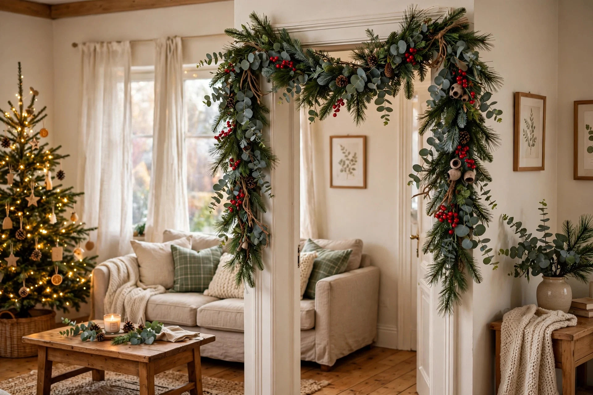 Pine and eucalyptus swag draped over an interior doorway with berries