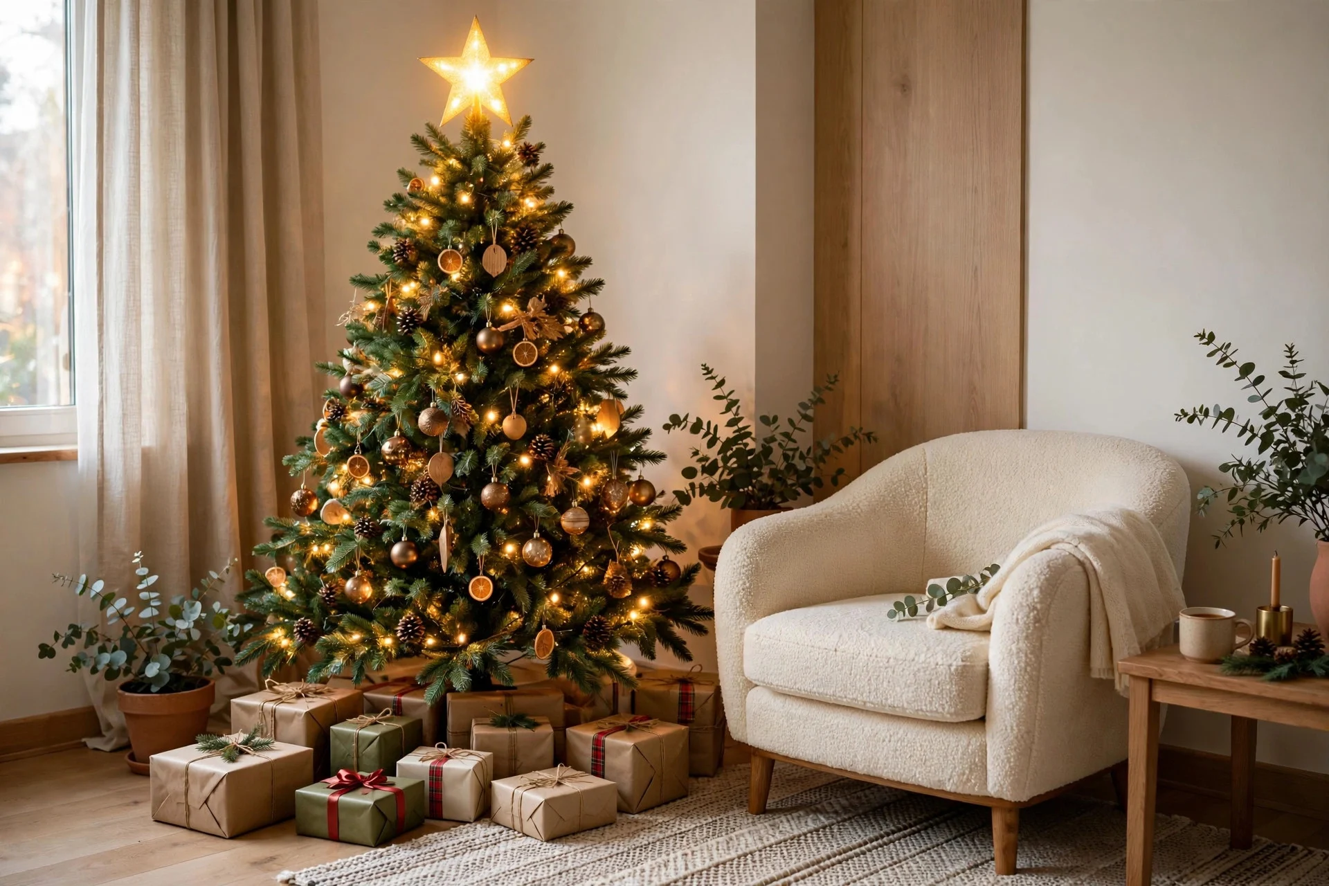 Christmas tree in a living room corner topped with a glowing star beside an armchair