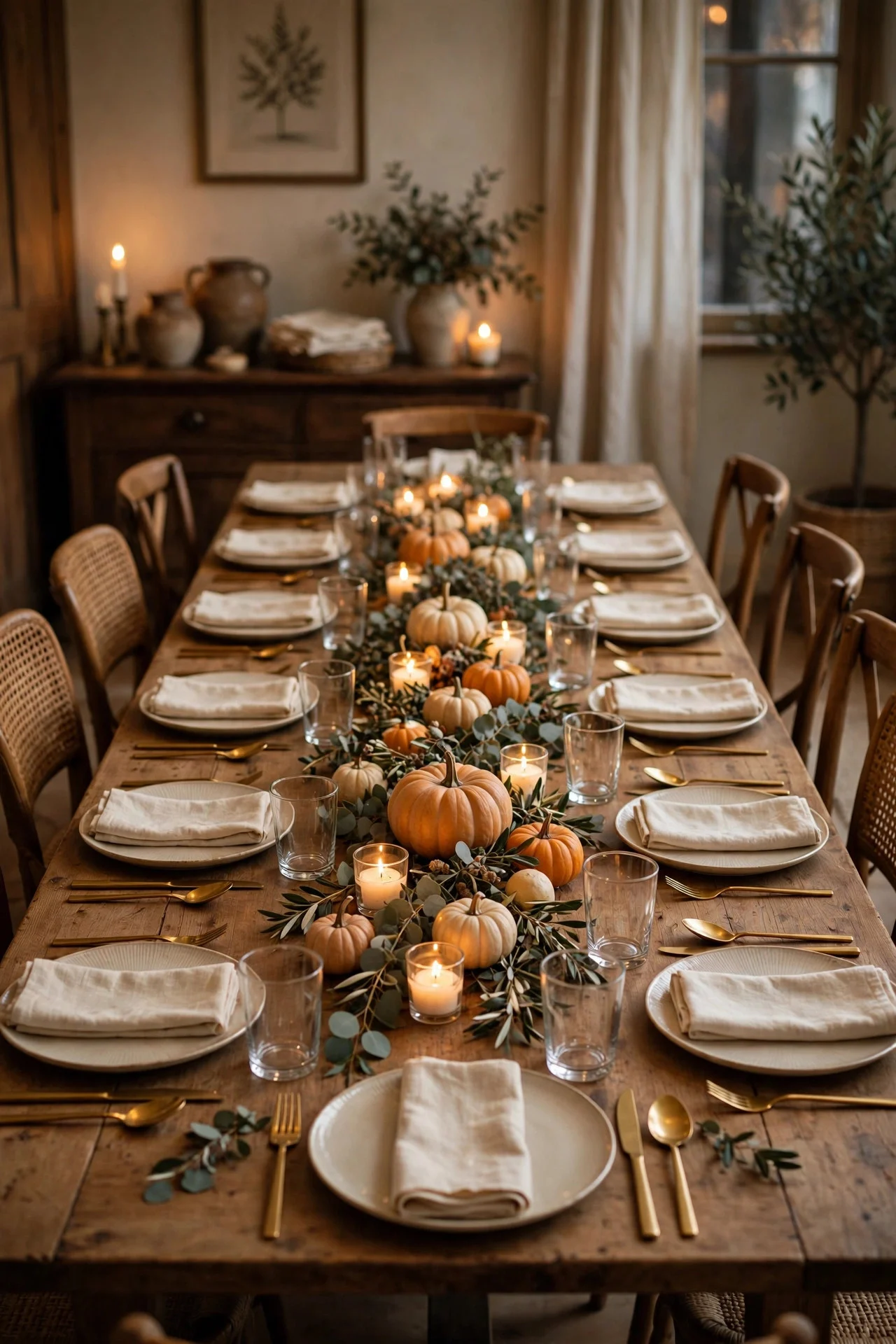 Thanksgiving centerpiece with brass candlesticks