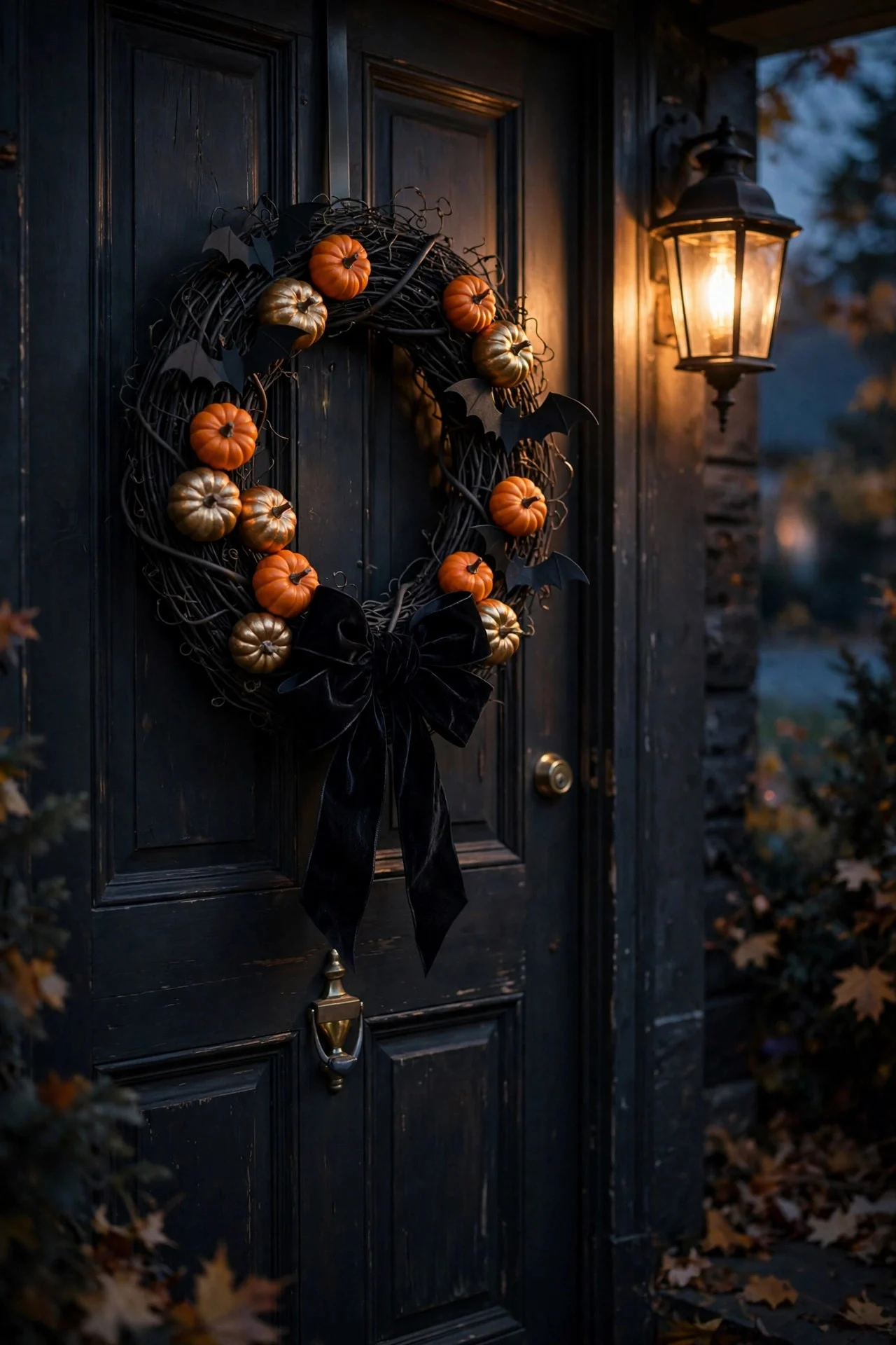 Halloween wreath on front door