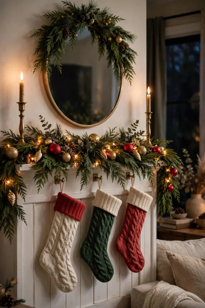Styled Christmas mantel with cedar garland, stockings, candles and wreath in a cozy living room