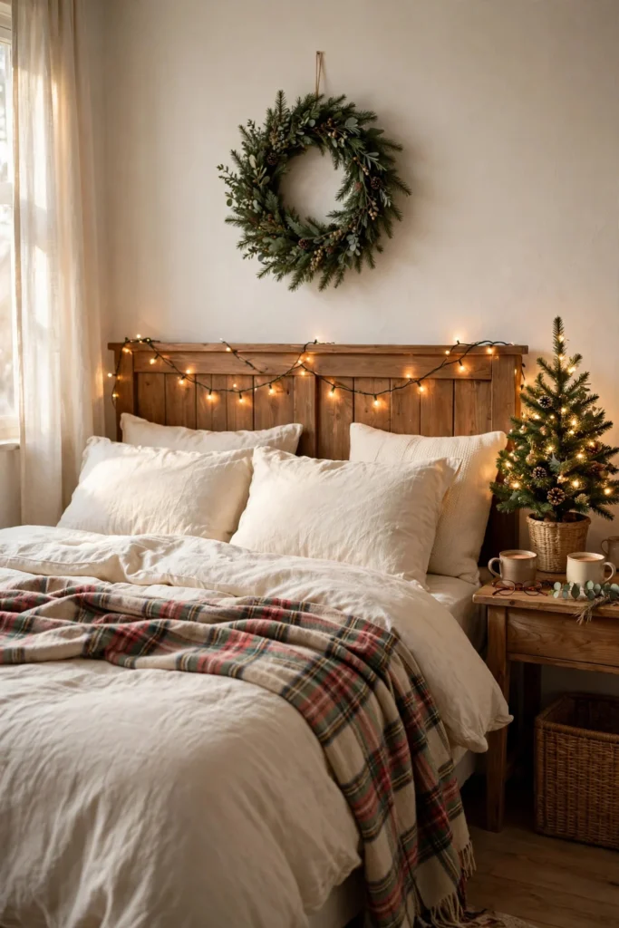 Cozy Christmas bedroom with cream bedding, glowing string lights and a small decorated tree