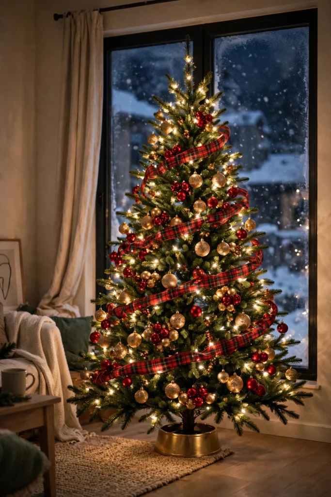 Vintage-inspired Christmas living room with mercury glass ornaments, silver tinsel and bottle-brush trees on the mantel