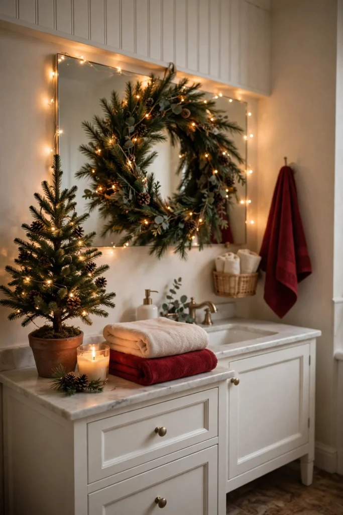 Cozy Christmas-decorated bathroom with a wreath on the mirror, mini tree on the vanity, and warm fairy lights