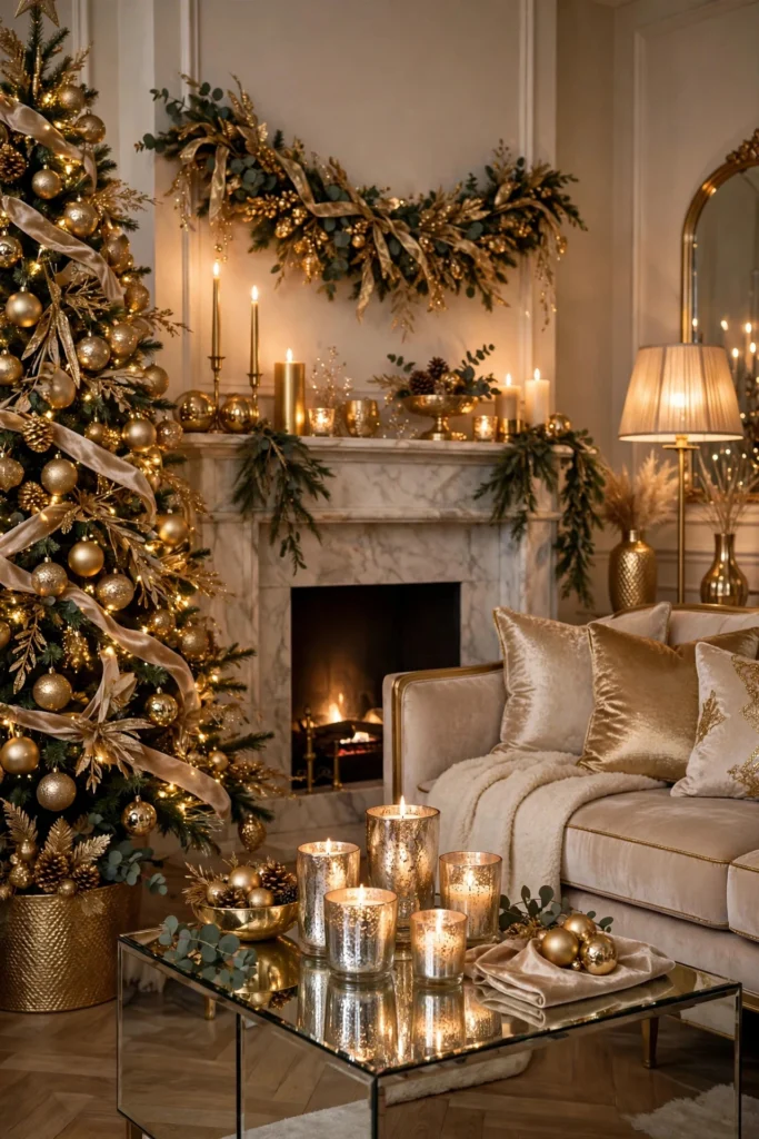 Glamorous Christmas living room with gold and silver metallic decor, sparkling tree and candlelight