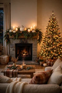 Living room transitioning from Thanksgiving to Christmas with a greenery garland, white pumpkins and glowing ivory candles on the mantel