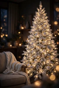 All-white Christmas tree with warm white lights glowing in a cozy living room at night