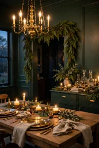 Warm candlelit Christmas dining room with set table, glowing chandelier, garland-draped doorway and styled sideboard