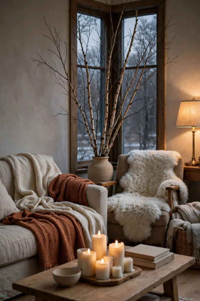 Cosy winter living room in January with layered throws, glowing candles, sheepskin chair and bare branches — no Christmas decorations