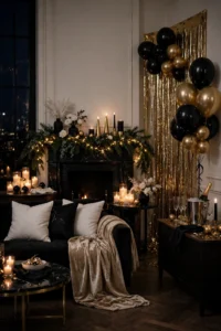 Elegant New Year's Eve living room decorated in black, white and champagne gold with glowing fairy lights, candles and a photo corner