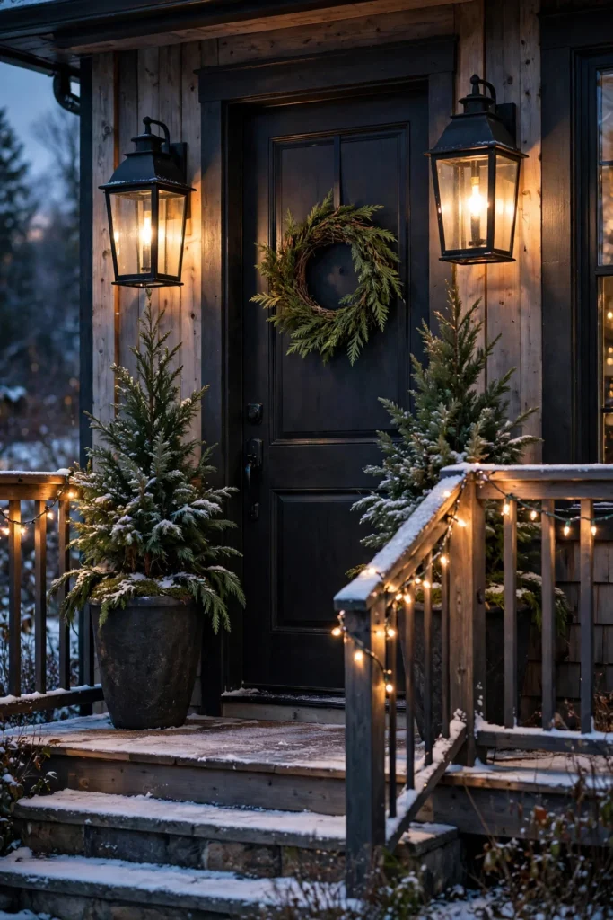 Winter front porch with evergreen planters, glowing lanterns and warm white string lights, no holiday decorations