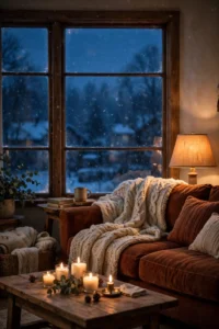 Warmly lit living room on a winter evening with a glowing fabric-shade lamp, chunky knit throw over the sofa, and candles flickering on the coffee table