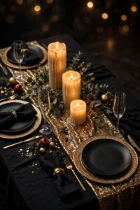 Elegant new year's eve table with black and gold place settings, champagne flutes, and glowing pillar candles on a metallic runner
