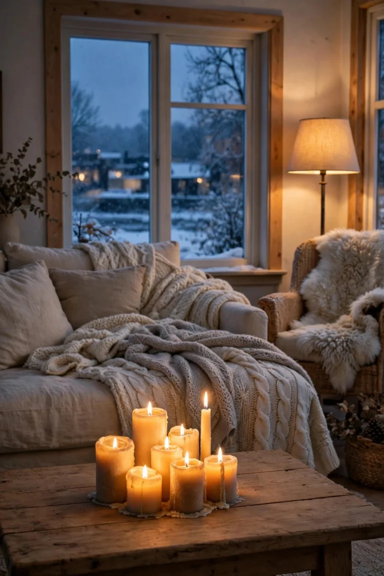 Hygge living room at dusk with glowing candles, layered knit blankets, and a reading chair by the window
