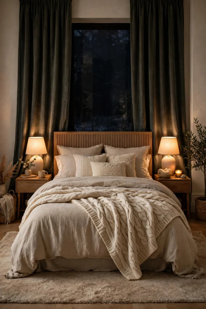 Cozy winter bedroom with layered bedding, warm bedside lamps and blackout curtains, styled for better sleep