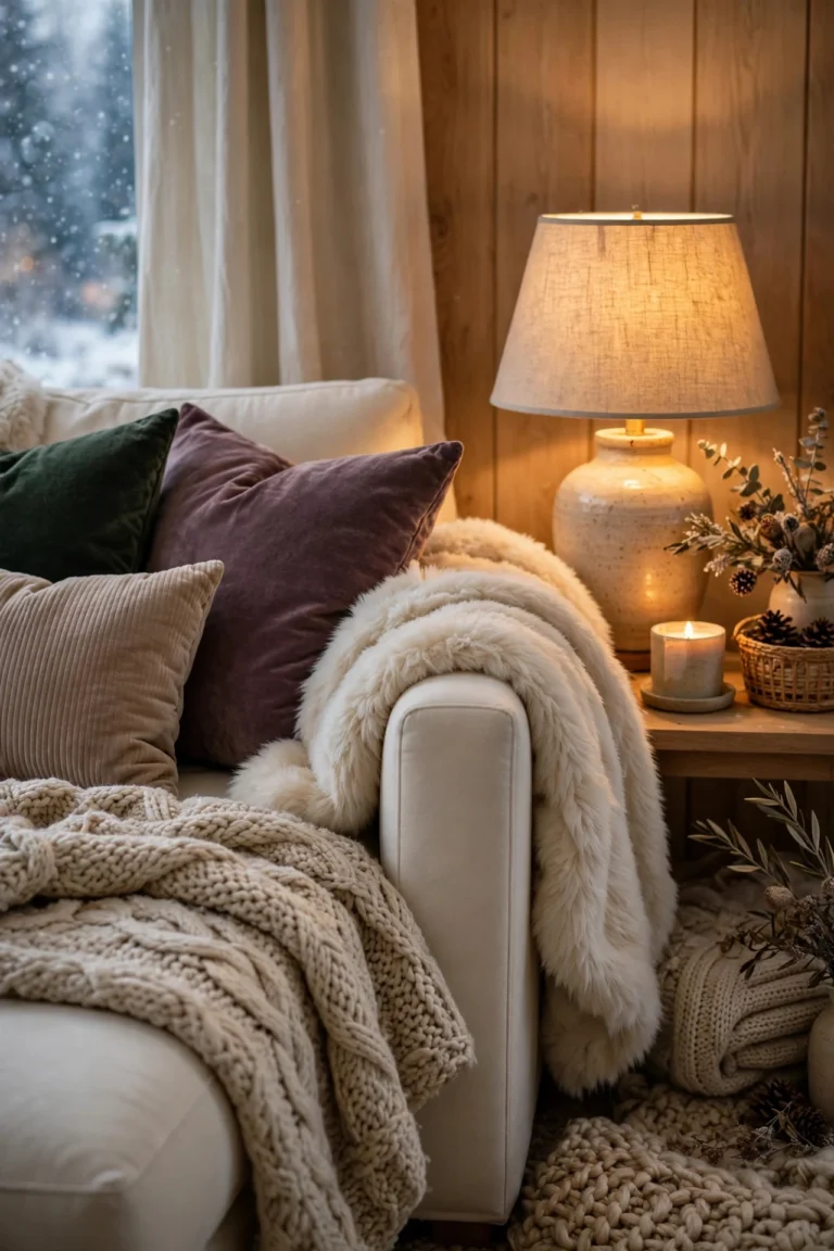 Cozy winter living room with faux fur throw, chunky knit blanket and velvet pillows in warm lamplight