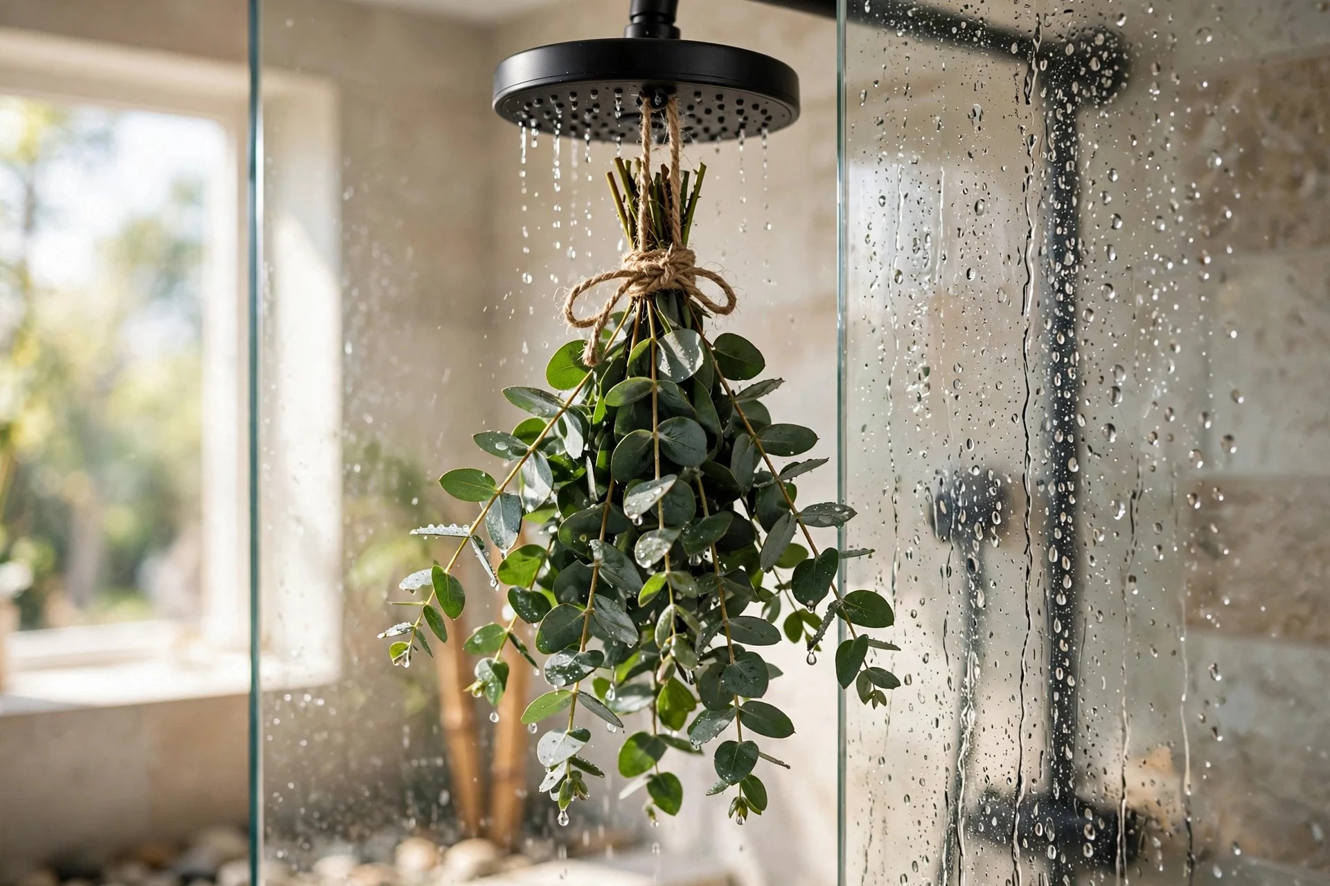 Fresh eucalyptus bundle tied with twine hanging from a shower head