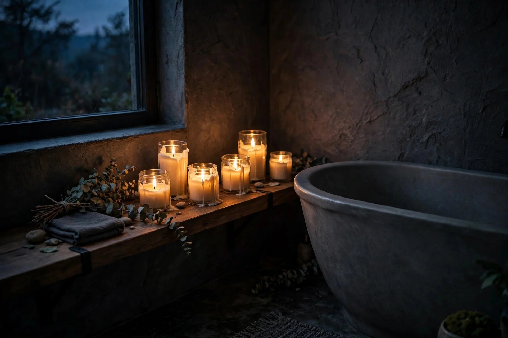Lit candles in glass jars glowing beside a bathtub at dusk