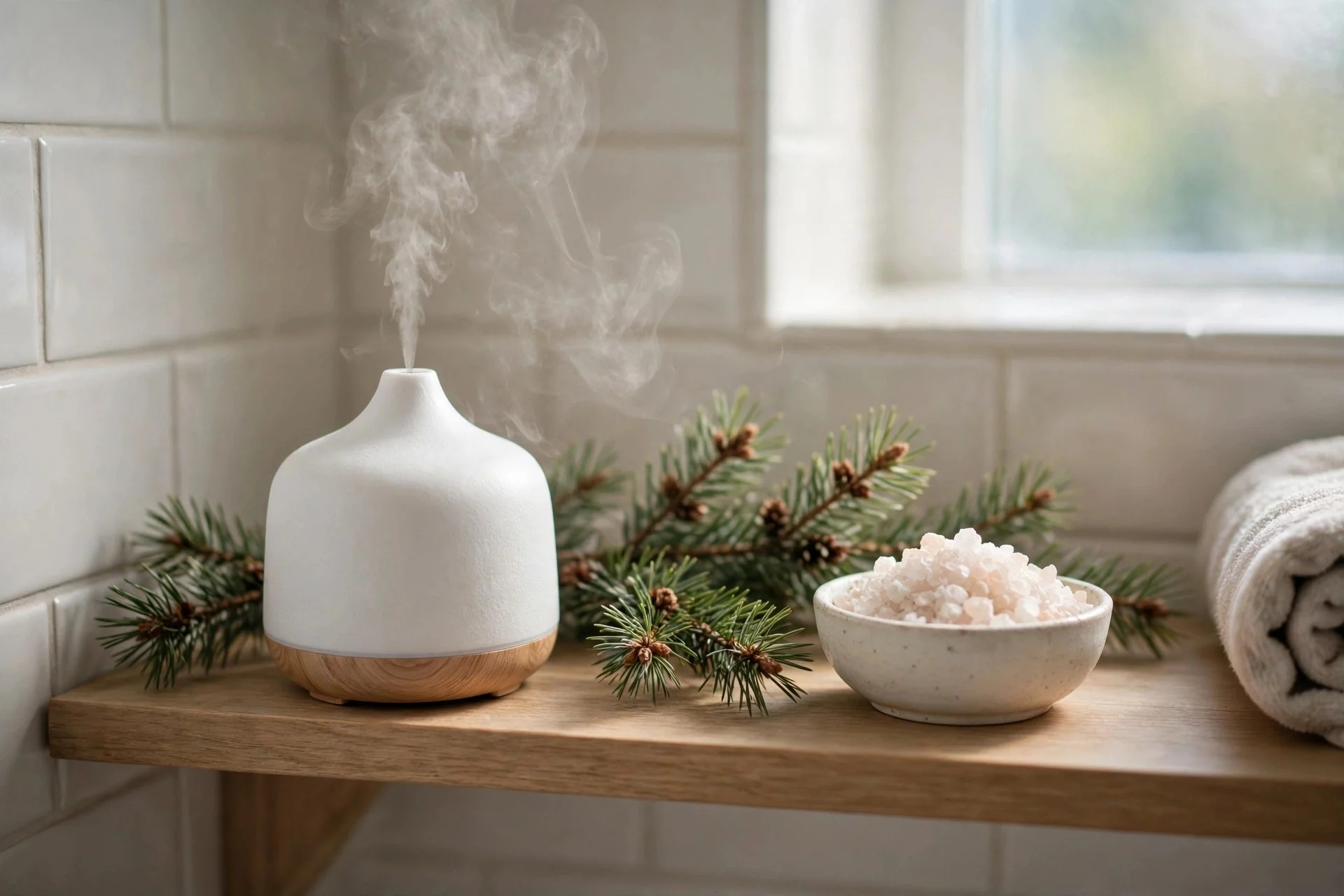 Ultrasonic diffuser releasing mist beside pine sprigs and bath salts