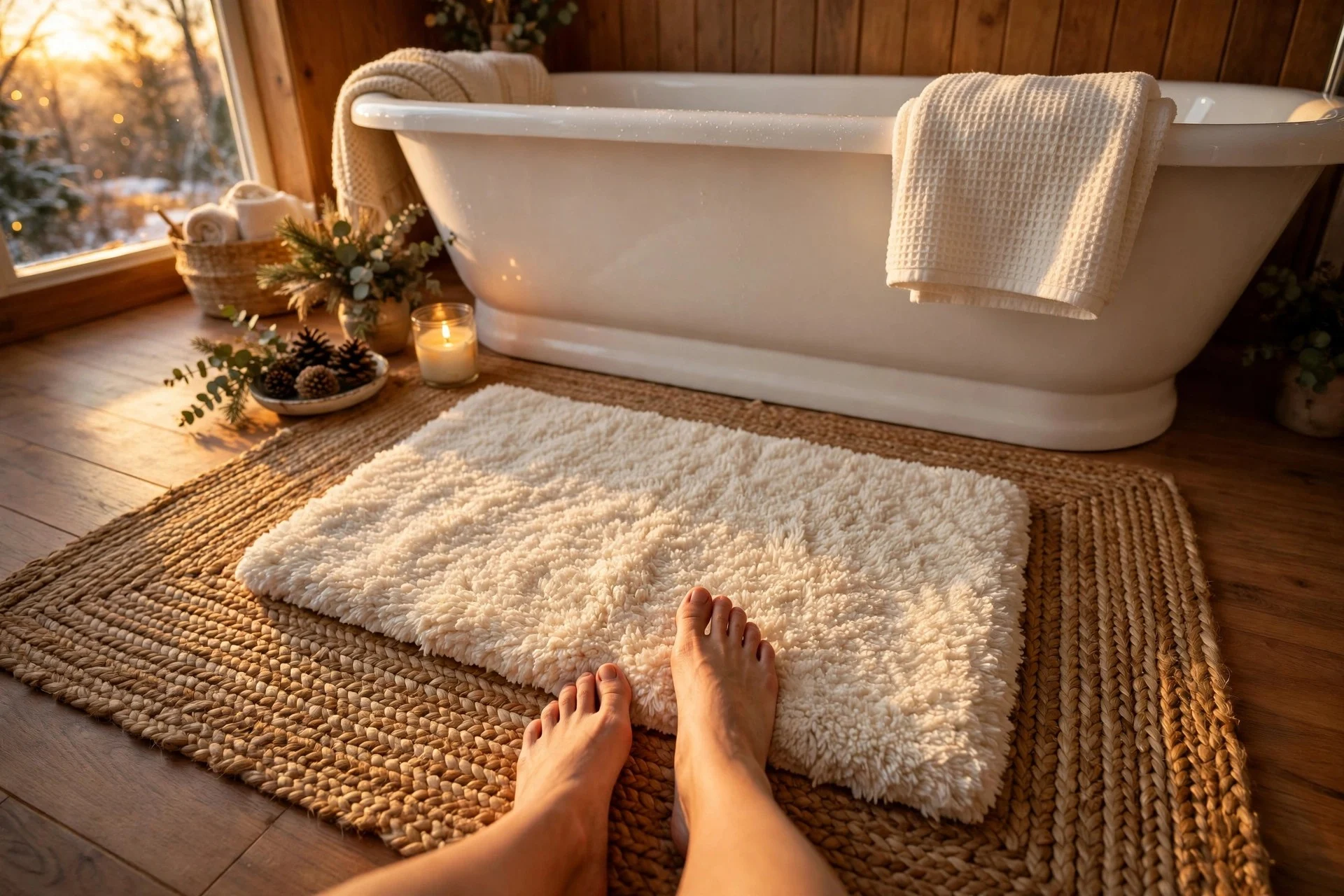 Layered woven jute and cream bath rugs in front of a bathtub