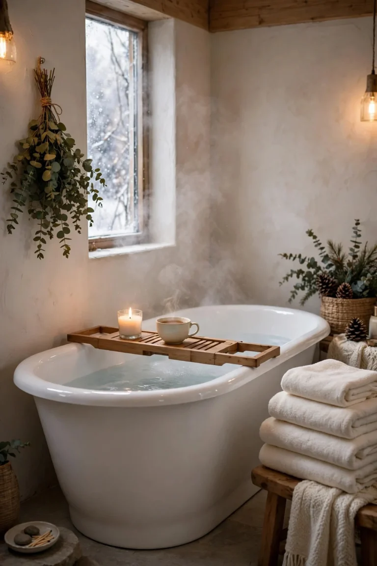 Spa-like winter bathroom with a freestanding tub, wooden bath caddy, eucalyptus bundle and warm candlelight
