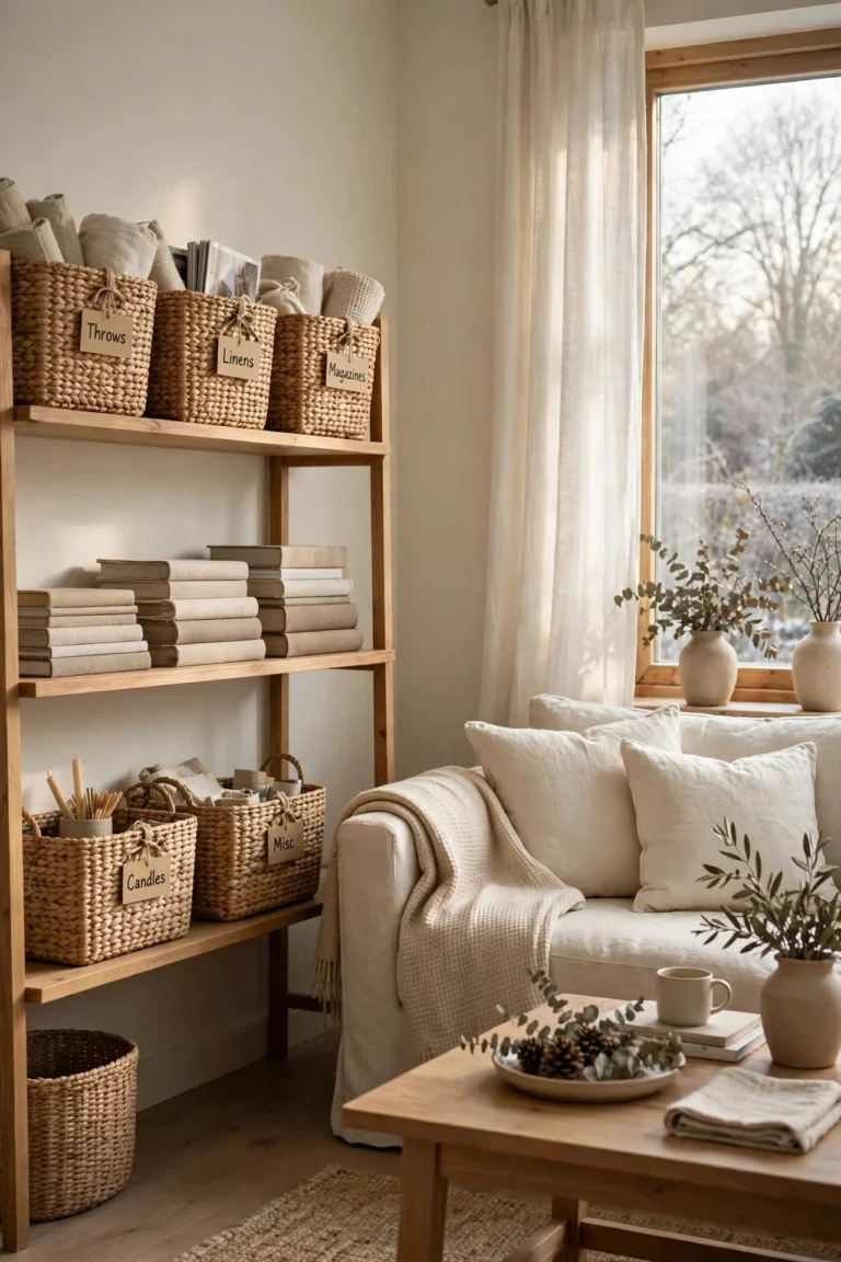 Sunlit organised living room with labelled baskets, tidy shelves and a calm neutral palette in January