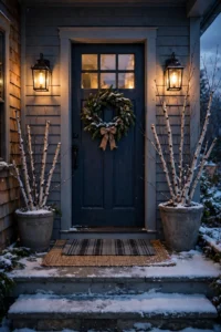 Welcoming winter porch at dusk with glowing lanterns, evergreen wreath, layered rug and birch-branch planter