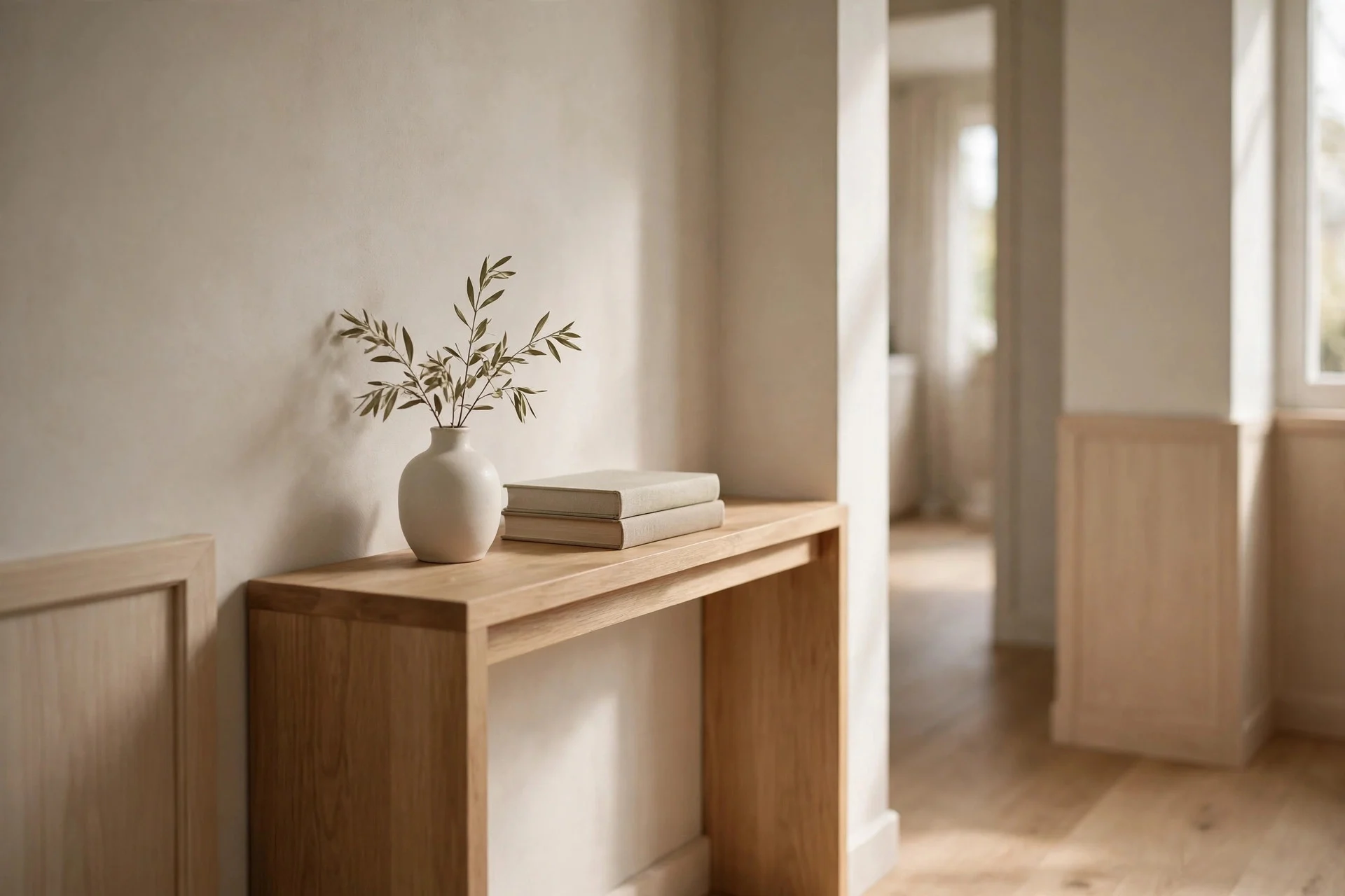 Minimally styled console shelf with only a few curated objects after decluttering