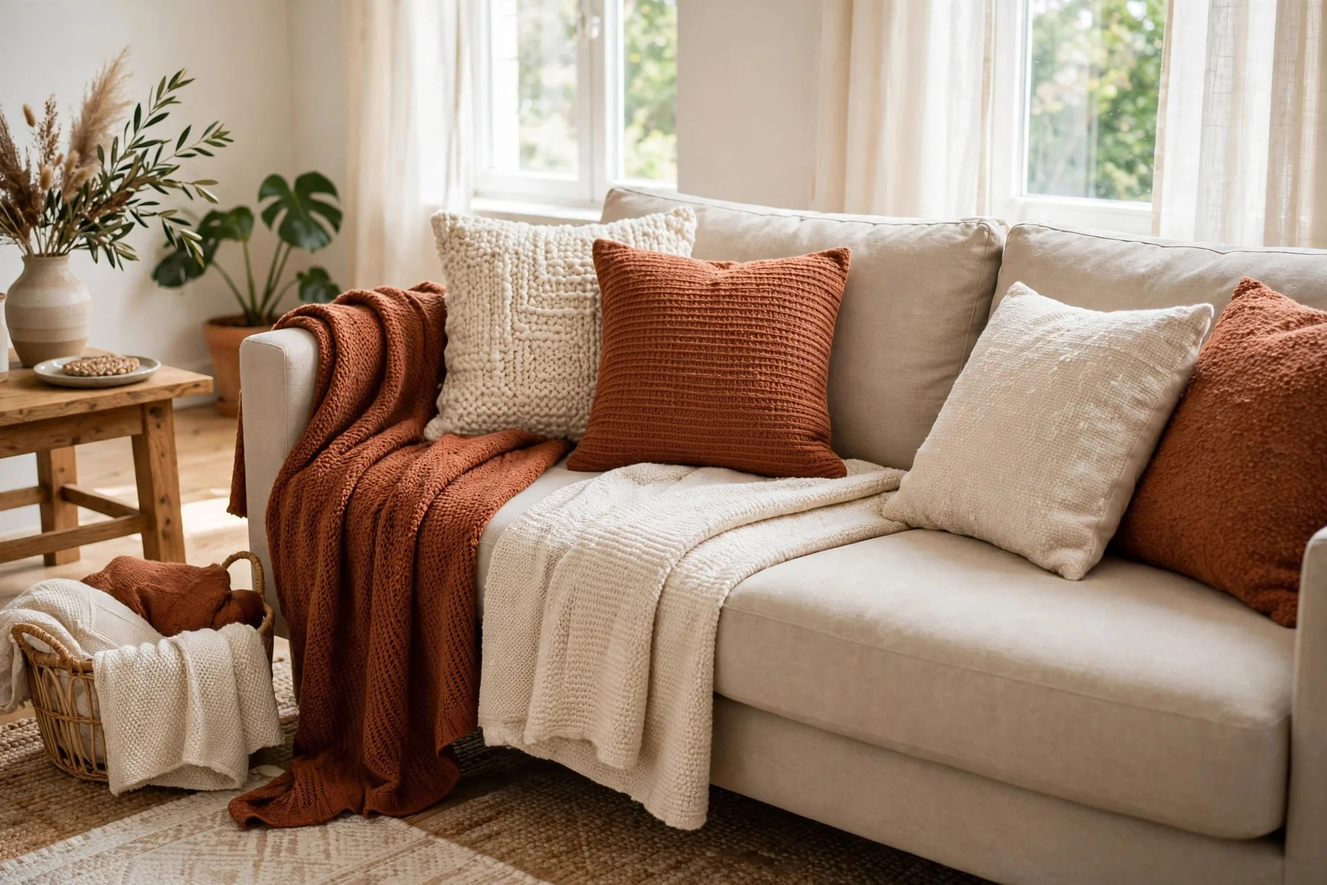 Sofa styled with swapped blankets and cushions in rust and cream tones