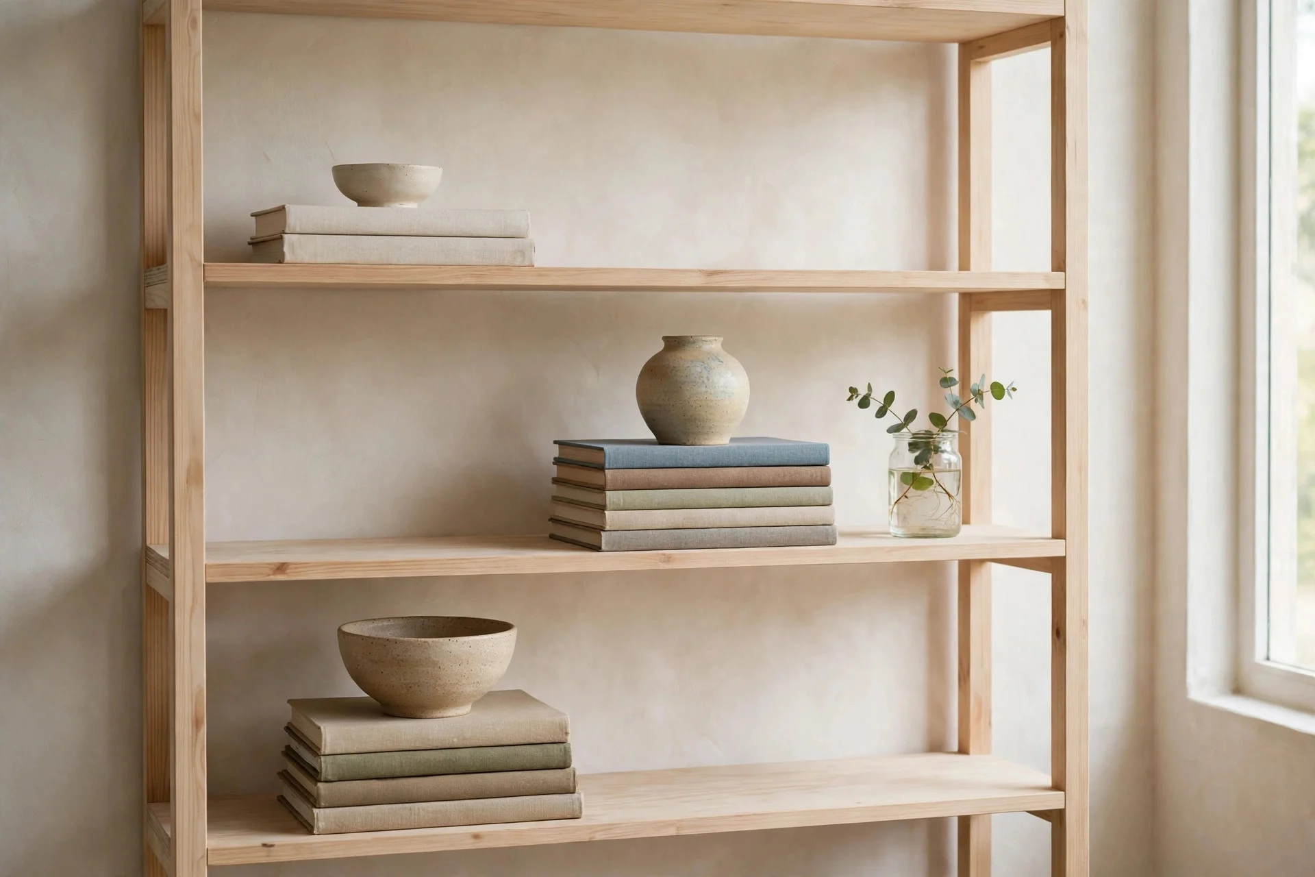 Restyled bookshelf with books stacked horizontally and curated objects