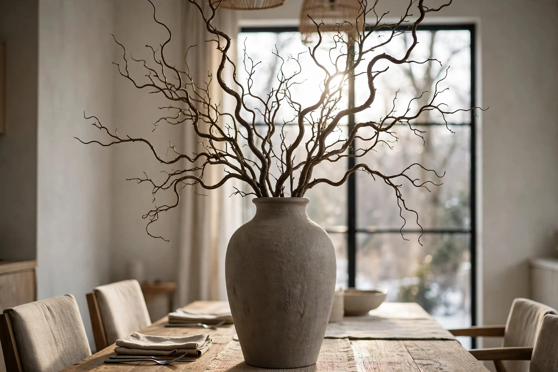 Tall vase of bare winter branches on a dining table