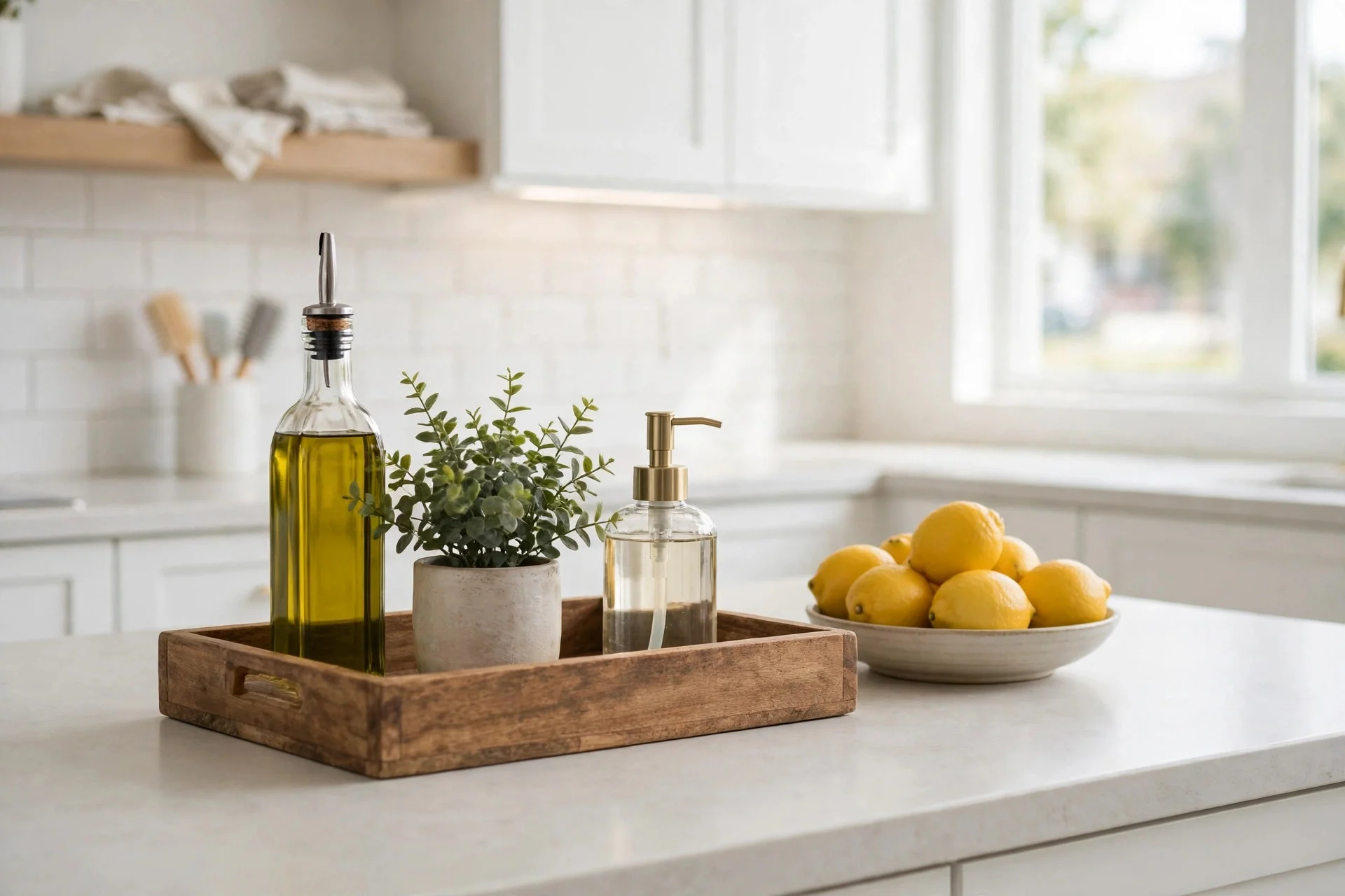 Cleared kitchen worktop with a single styled tray vignette