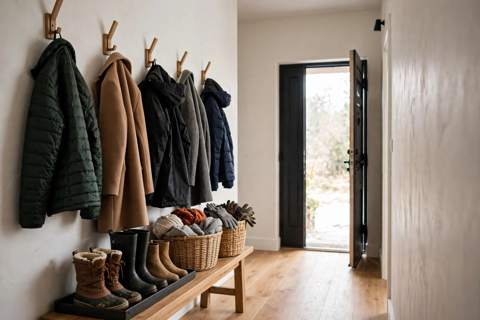 Simple hallway drop zone with hooks, boot tray and baskets