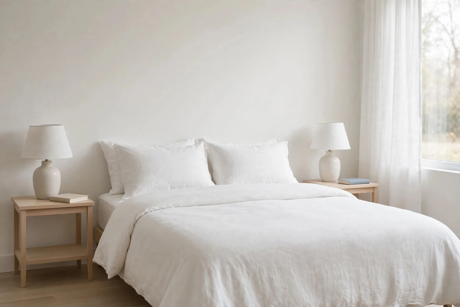 Calm bedroom with plain white bedding and clear nightstands