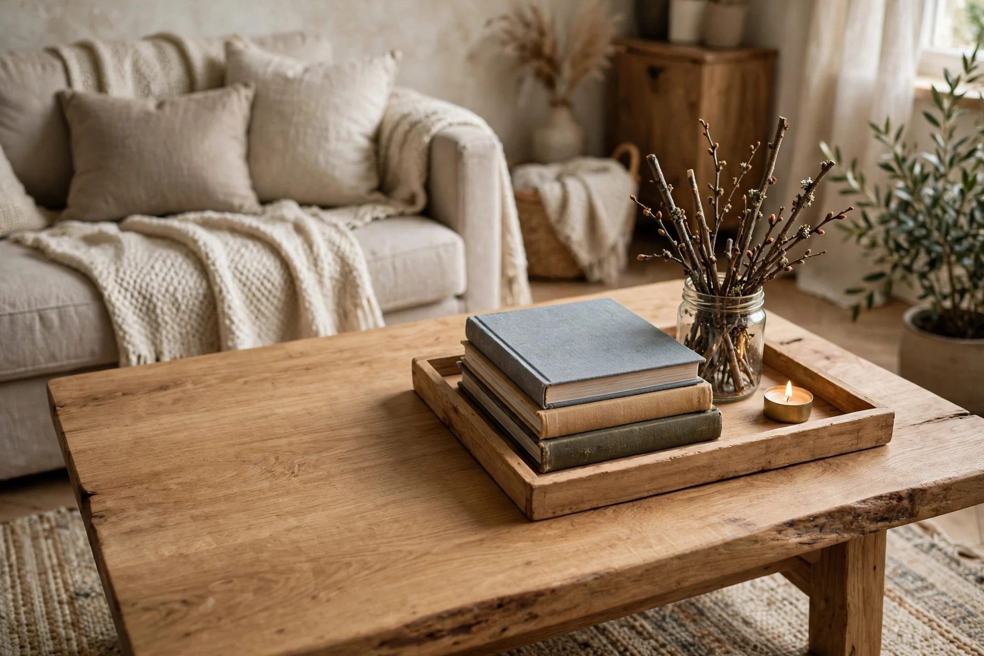 Coffee table styled in threes with books, branches and a candle