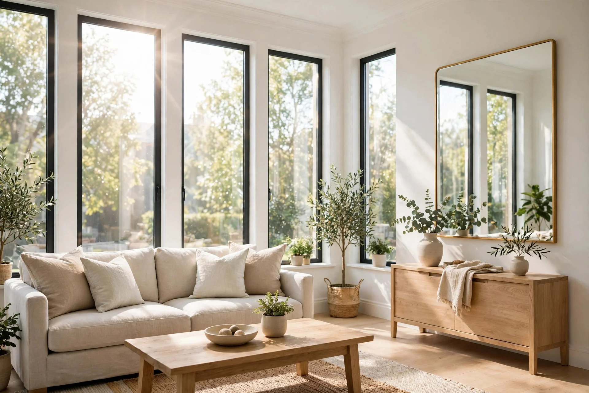 Bright living room with sparkling clean windows and mirrors