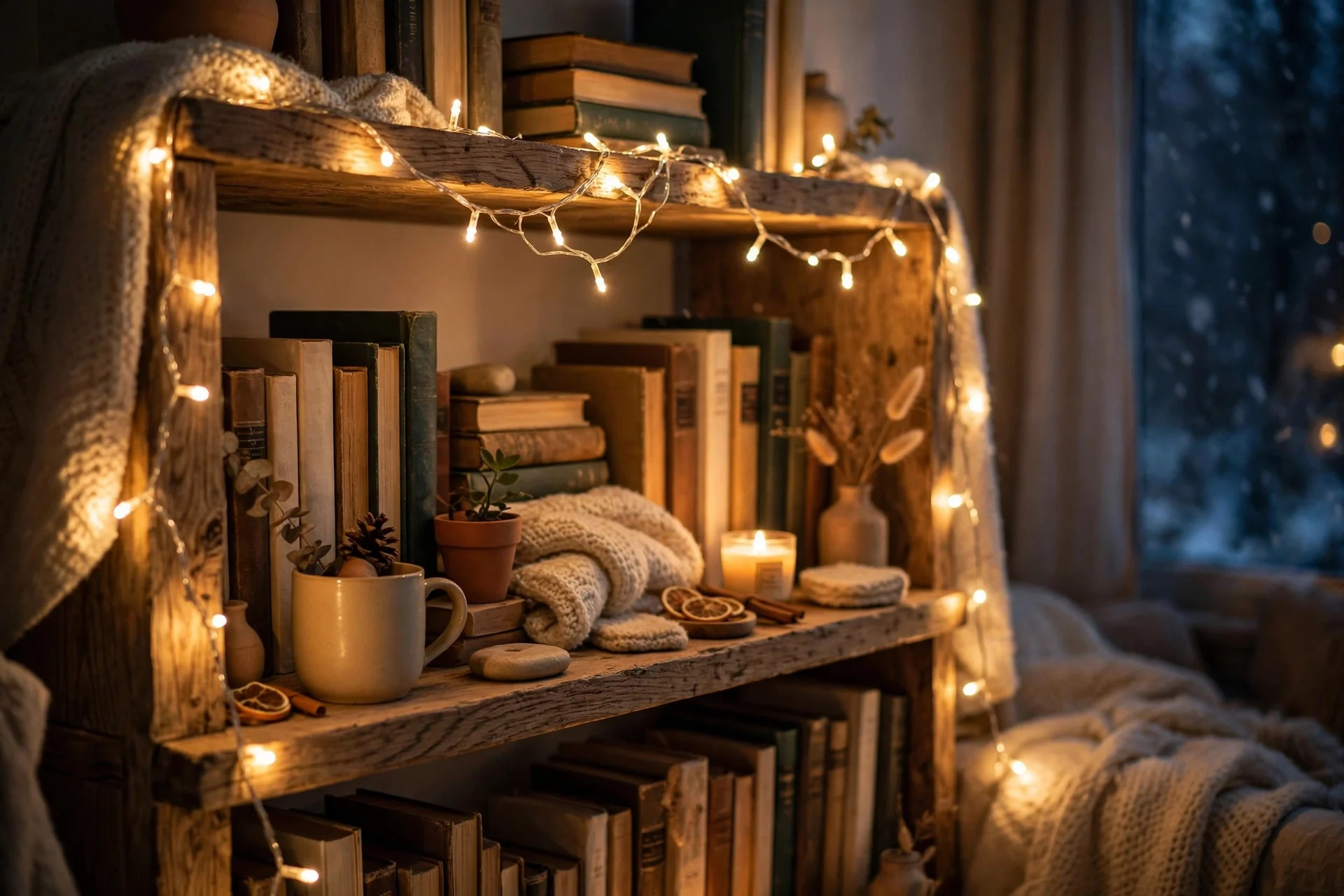 Warm white fairy lights draped over a bookshelf for winter