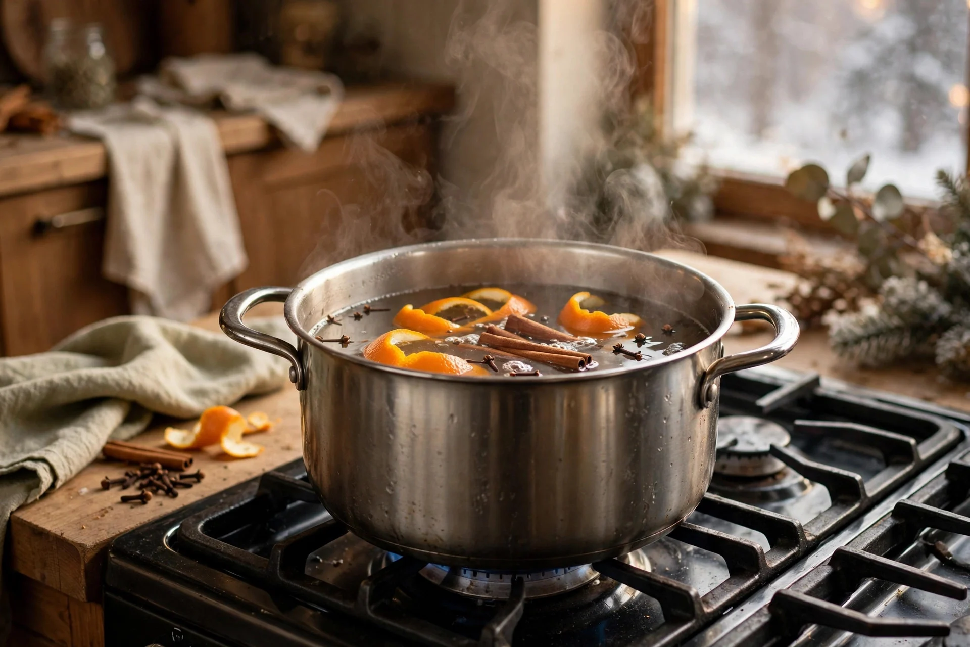 Simmer pot of orange peels and cinnamon on a stove