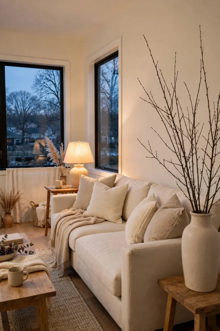 Bright January living room refresh with rearranged furniture, bare winter branches and warm lamplight