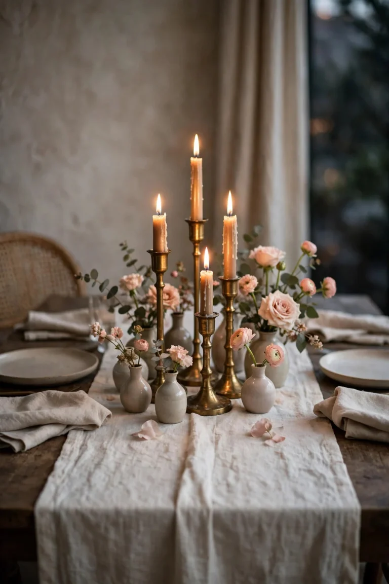 Tasteful Valentine's table setting with ivory linen runner, brass candles and blush bud vases