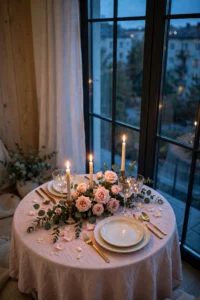 Romantic dinner table for two by a window at dusk with blush tablecloth, gold flatware, wine glasses and lit candles