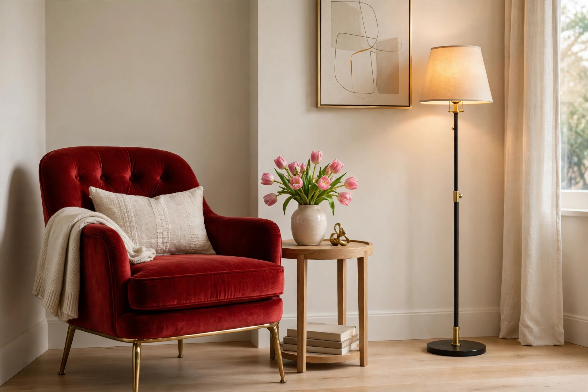 Red velvet accent chair with brass legs beside a side table with pink tulips in a reading corner