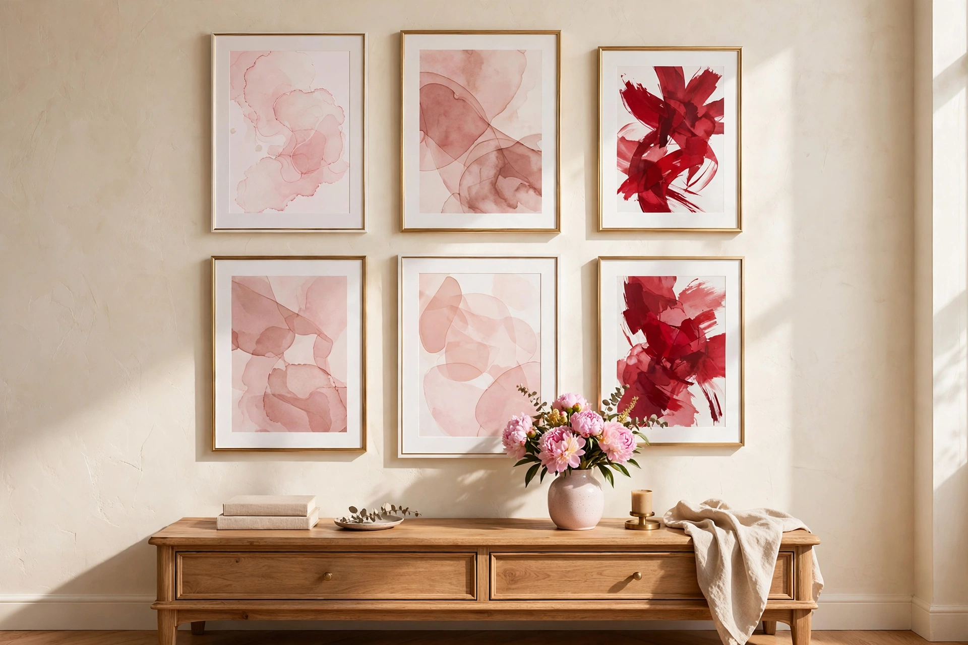 Gallery wall of framed pink and red abstract art prints above a console table with peonies