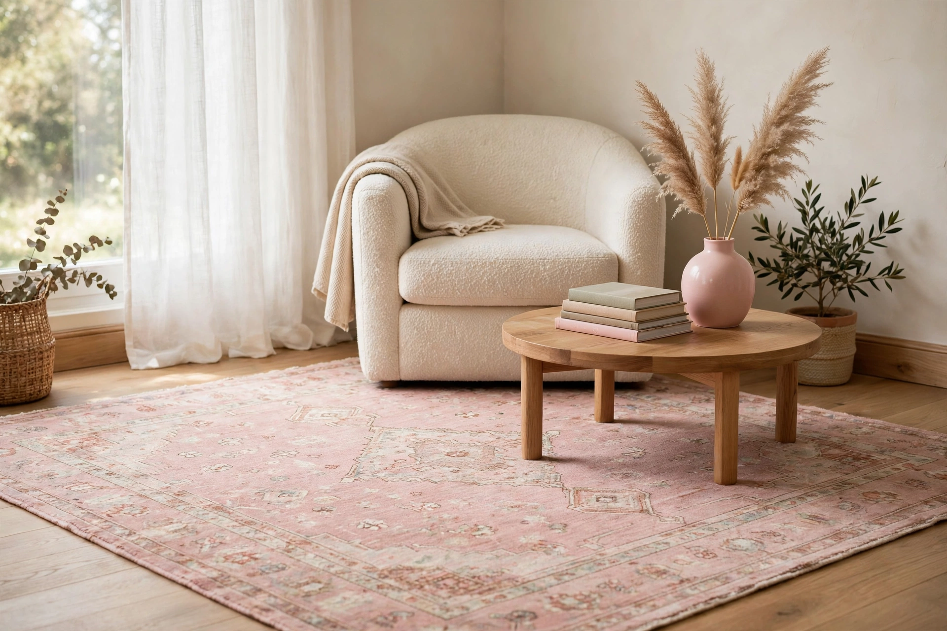 Blush pink patterned area rug under a cream armchair and wood coffee table in a living room