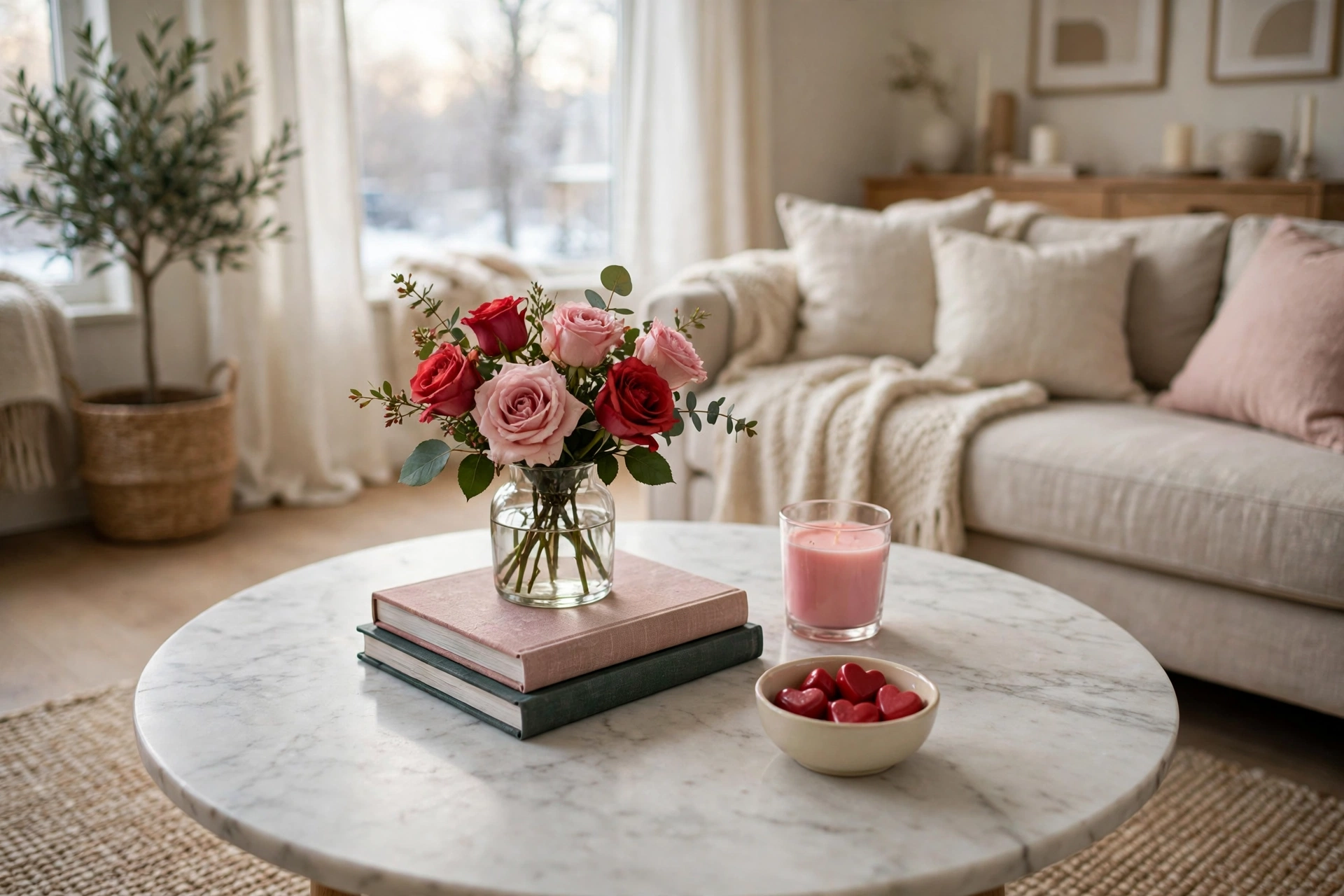 Coffee table tray with red and pink roses, pink candle, art books and bowl of red candies