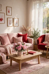 Living room with pink and red February decor: blush sofa, crimson velvet chair, peonies and rose-coloured rug
