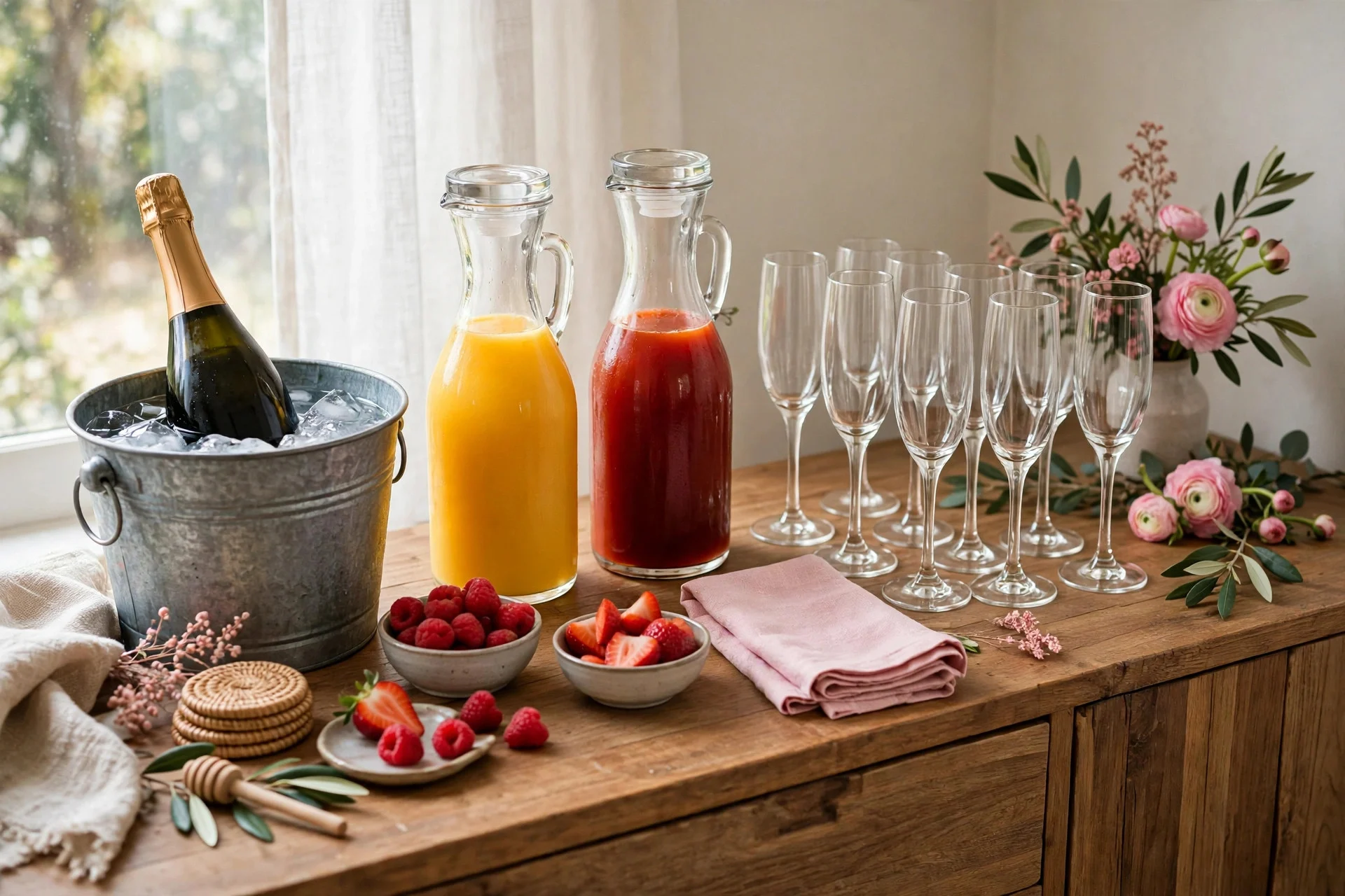 Galentine's Day mimosa bar with prosecco, fruit juices, berries and champagne flutes on a sideboard