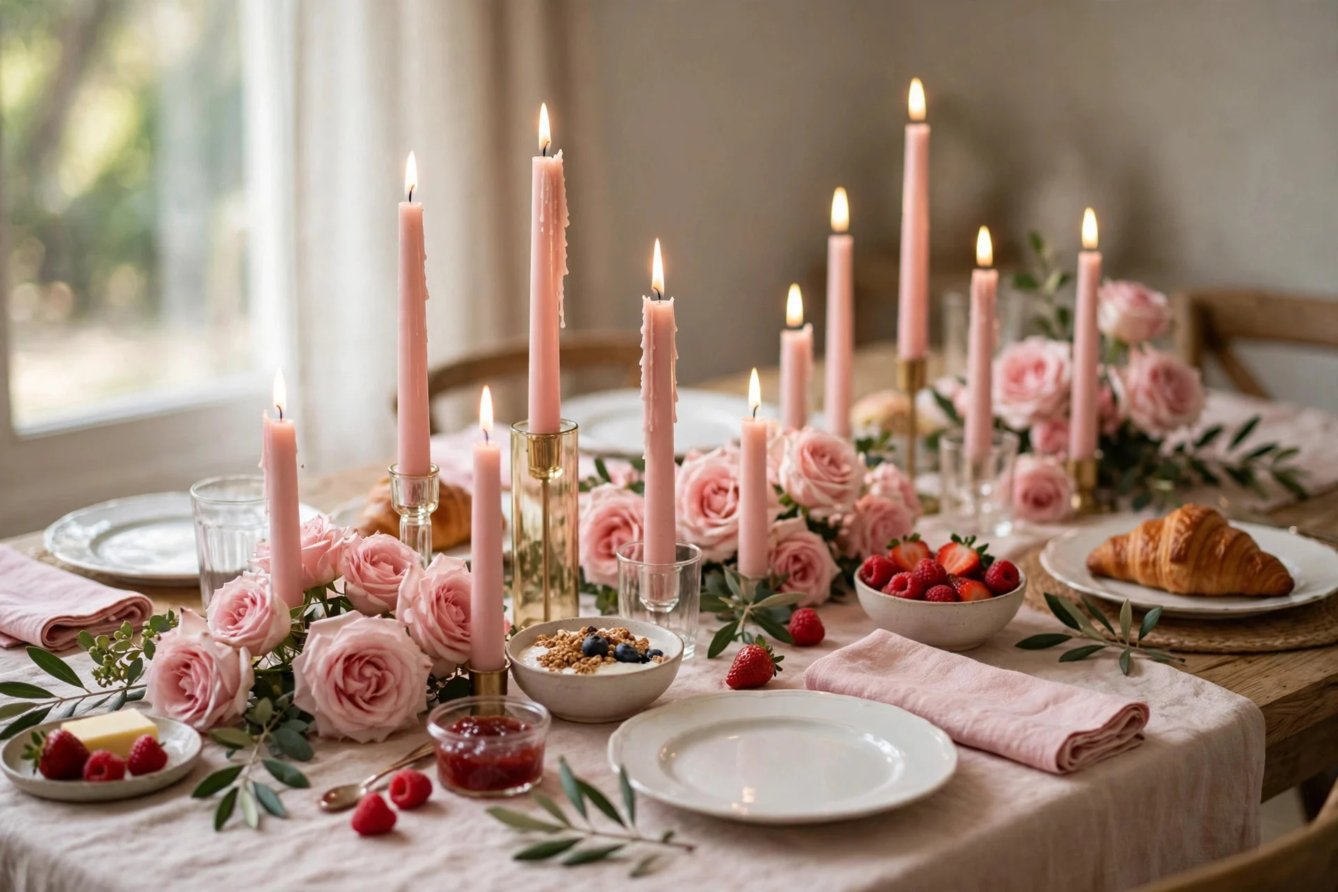 Blush taper candles in mixed heights glowing on a Galentine's Day brunch table