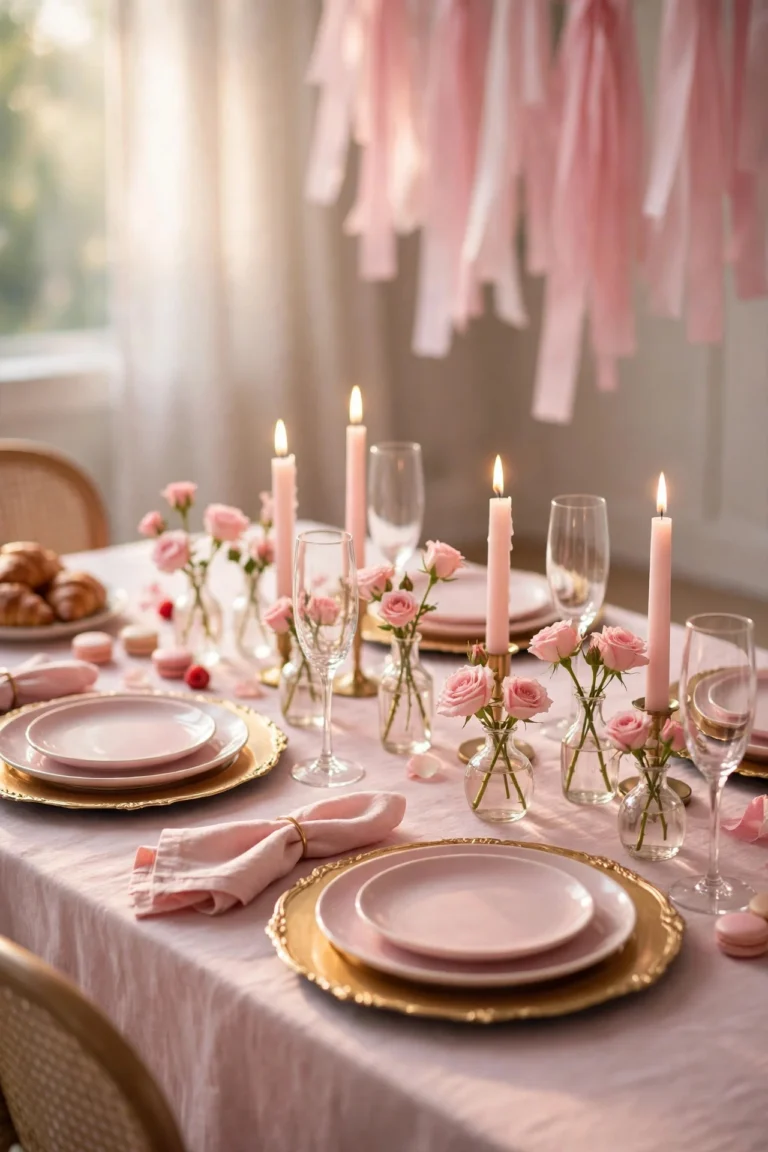 Blush pink Galentine's Day brunch tablescape with layered tableware, glowing taper candles, roses and a streamer photo backdrop